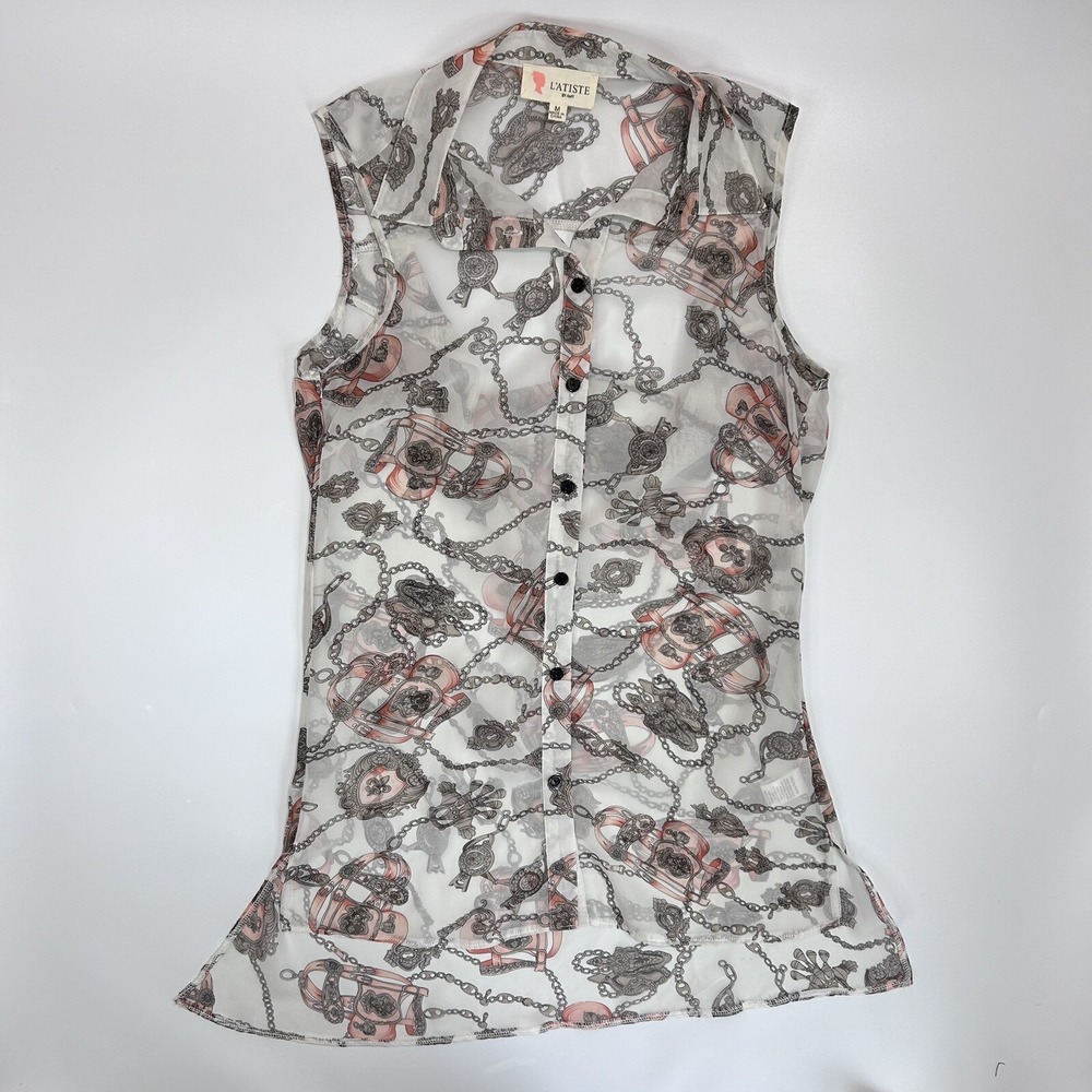 L'ATISTE By Amy Size M Button Up Blouse Tunic Sheer Graphic Print Open Back